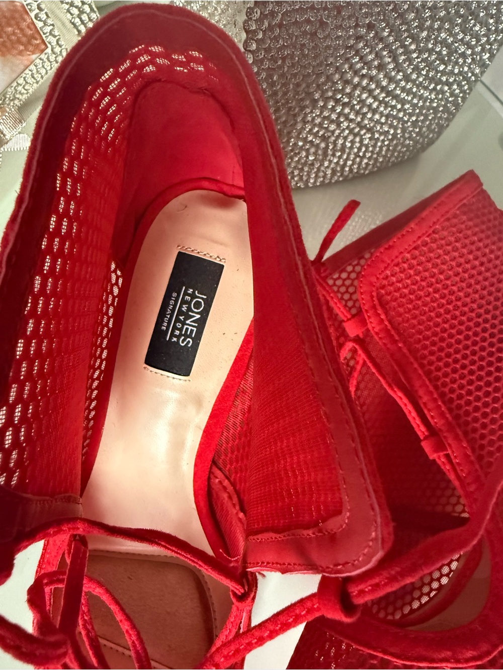 Jones New York Red Lace-Up Mesh Pointed-Toe Heels - Picture 7 of 7